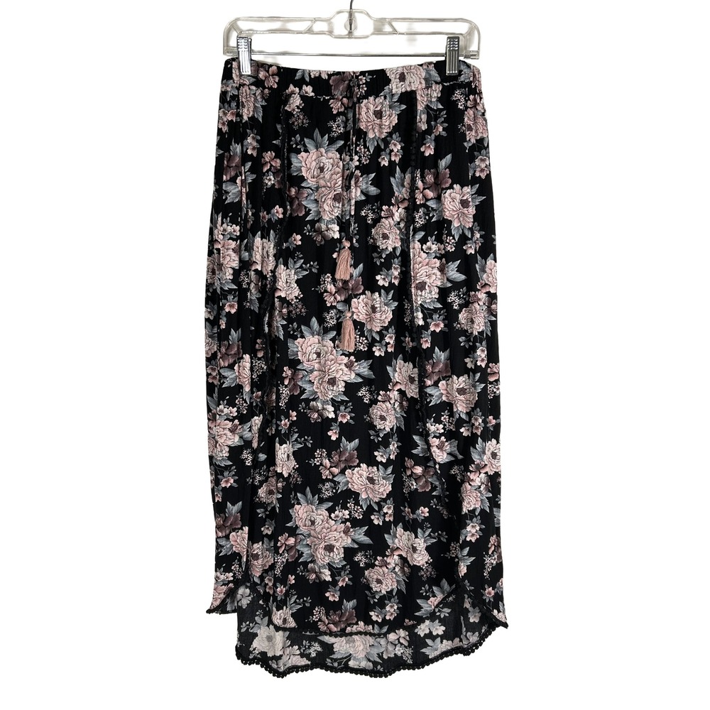 American Eagle Floral Maxi Skirt Black Pink High Low Boho Tassels Womens Large